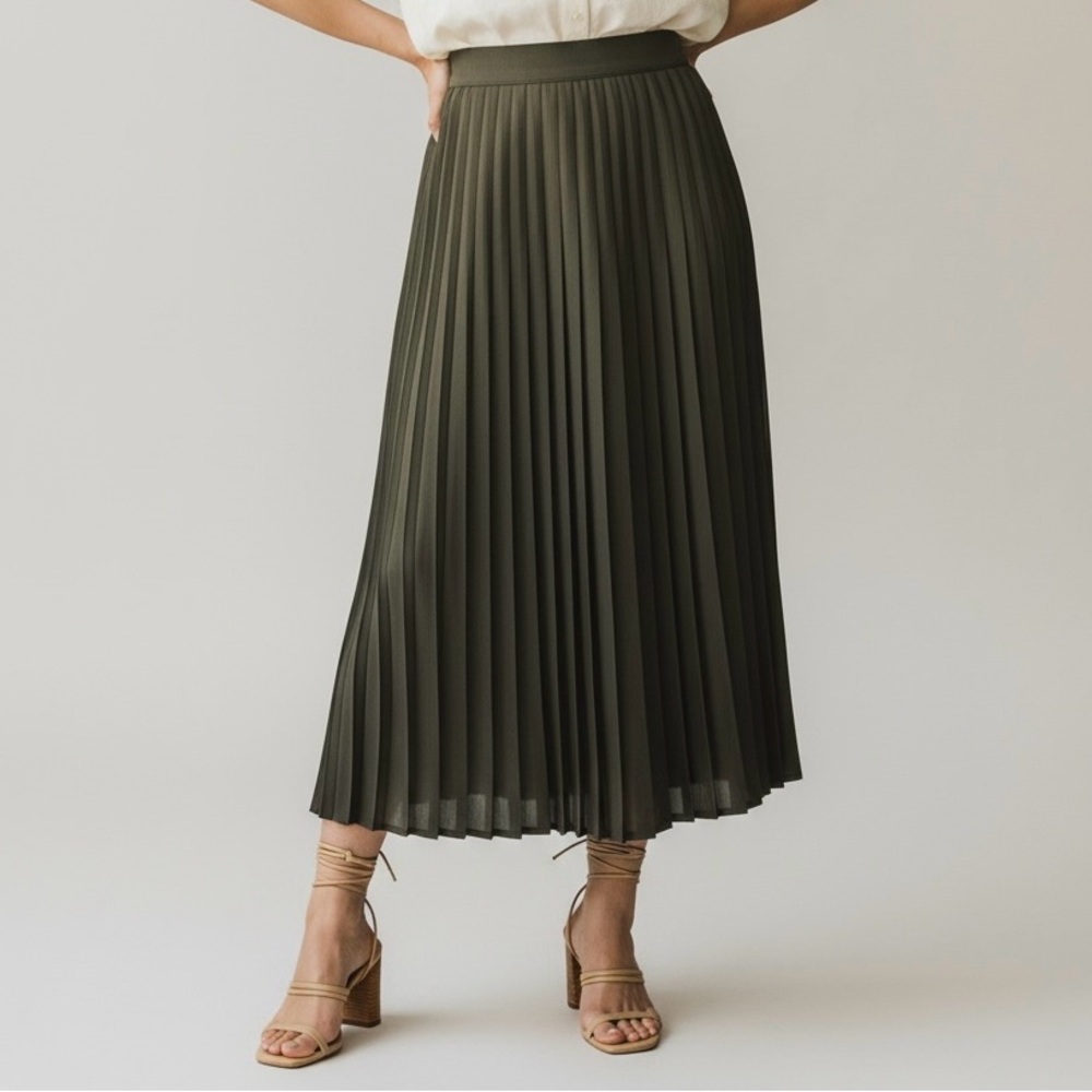 Max Mara A Line Plisse Knife Pleated Midi Skirt Women 10 Olive Green